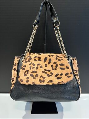 Leopard Print Shoulder Bag with Black Leather and Gold Chain